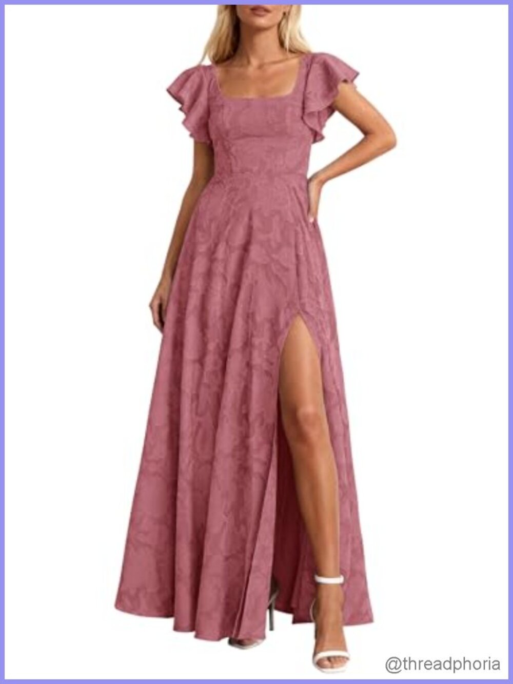 Jacquard Maxi Dress Square Neck Ruffle Sleeve High Slit Wedding Guest